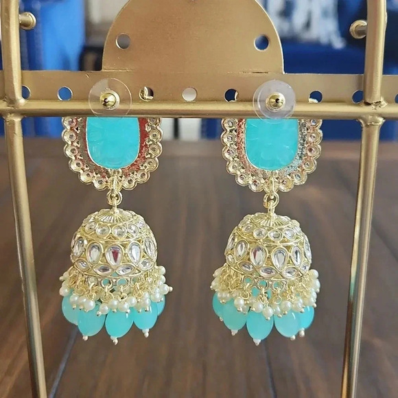 Bollywood Style Carved Blue and Gold Jhumkas - Picture 6 of 8